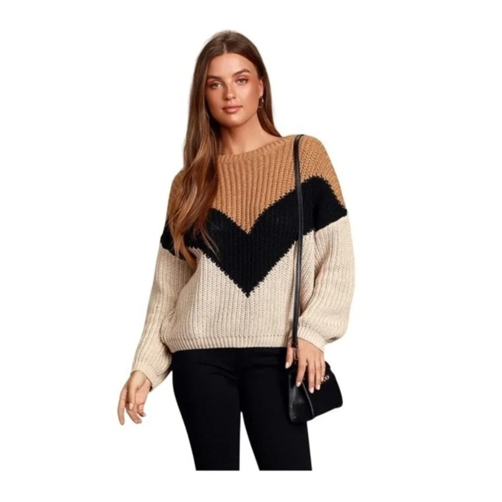 Lumiere Chevron Stripe V-Neck Sweater‎ Cream Tan Black Knit L
